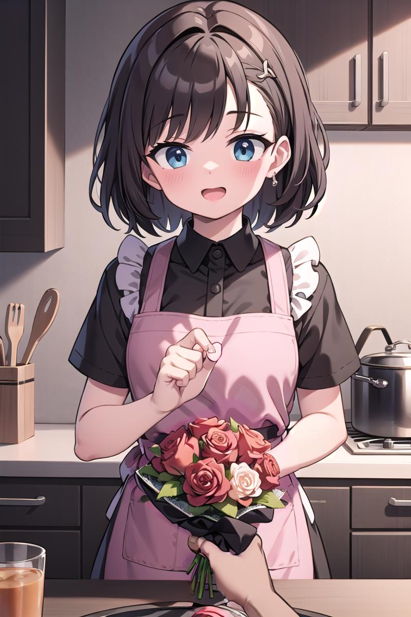 Anime girl with a pink apron holding a bouquet of red roses.