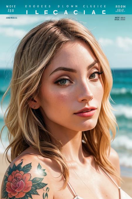 photo of beautiful (EP4vor1:.99), ((sunkissed beach)), wearing a summer dress, Swing bob,  closeup portrait, (tattoos:1.1), posing, (( Sony a9 II Mirrorless Camera:1.1)), 160mm f/8, 1/10s, ISO 25, ((modelshoot)), (film grain:1.3), ((sporty)), ((detailed eyes)), (colourful), ((pervpulp15:1.2)), (magazine cover), 4k textures, elegant, ((((cinematic look)))), soothing tones, insane details, hyperdetailed, low contrast, 8k, absurdhighres, ("In Jernau we trust!":1.1)