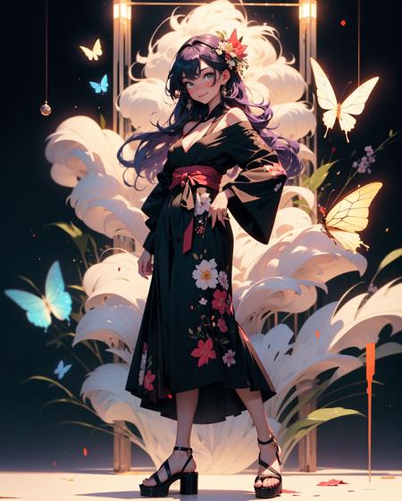 1girl,  solo,  long hair,  japanese clothes,  virtual youtuber,  kimono,  black kimono,  purple hair,  full body,  bow,  white background,  full body,  smile,  hair ornament,  very long hair,  breasts,  off shoulder,  looking at viewer,  nail polish,  hair bow,  sandalackground,  bare shoulders,  standing,  floral print,  bangs,  halterneck,  cleavage,  toenail polish,  white bow,  toenails,  black footwear,  green eyes,  long sleeves,  hair rings,  butterfly hair ornament,  flower,  hair flower,  wide sleeves,  blush,  criss-cross halter,  blue eyes