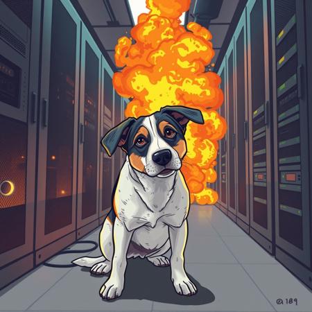 photograph of Understanding the Dog Side Eye, 1 dog, trying to fix a burning and exploding server room