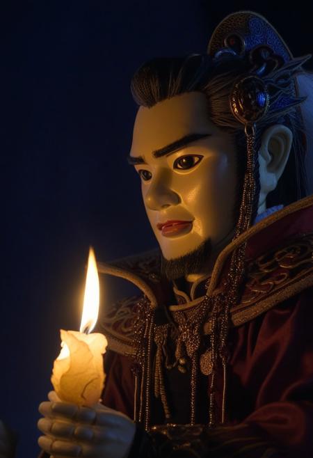 thunderboltfantasy, hIghly detailed photograph of a puppet, dan fei, inside, candlelight, soft lighting, portrait