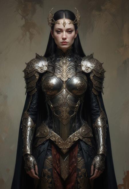 Symmetrical Front view of the warrior Queen of sadness, dark, armour, standing pose, extremely long cape, top light, low saturation, highly detailed,  masterful painting in the style of Anders Zorn | Marco Mazzoni | Yuri Ivanovich, Jeff Simpson, oil on canvas