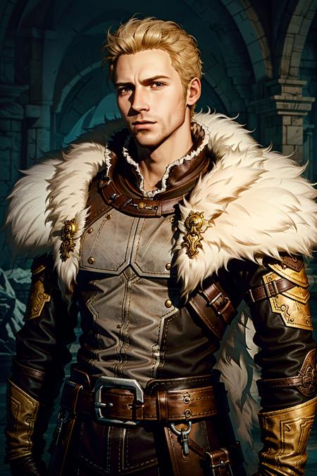 AlistairDA, solo, 1boy, male focus, blonde hair, armor, fur trim, upper body, belt, leather, brown hair
<lora:epi_noiseoffset2:1>,  <lora:AlistairDA:0.7>