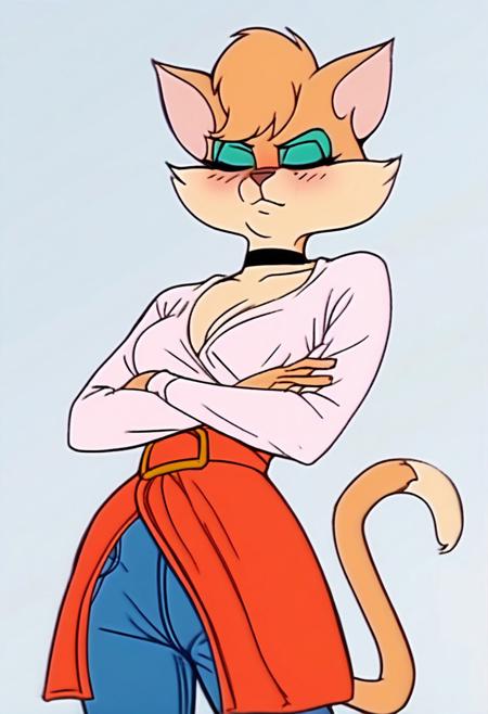 score_9, score_8_up, score_7_up, score_6_up, score_5_up, score_4_up, retro artstyle, BREAK 
Tabitha_Fantomcat,cat girl,short hair,1girl, breasts, solo,cat tail, pants, crossed arms, closed eyes, cleavage, shirt, furry, navel, white shirt, animal ears, simple background, furry female, choker, midriff, jeans, white background, blush, closed mouth, black choker, cowboy shot, denim, long sleeves, crop top, medium breasts, cropped legs,short hair, standing,cat tail, cropped shirt,short hair, collarbone, signature,fur, blue pants, medium hair, :<
<lora:tabitha-v1:1>