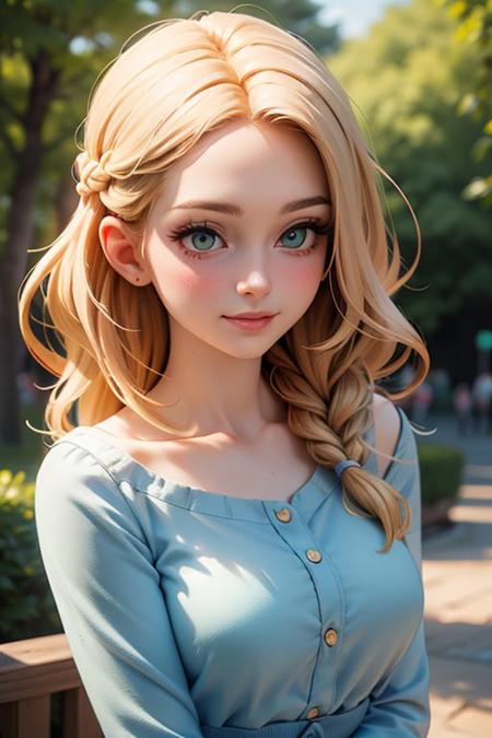 highest quality, a young woman, green eyes,  backlighting, blue dress, blond hair, blurry background, in the park, blush, shy smile, collarbone, forehead, long blond wavy hair, hair over shoulder, long hair, button nose, lips glossy, shadow, solo, thick eyebrows, thick eyelashes, upper body, braid, sun beams, warm light, golden hour, cozy, ((masterpiece)),