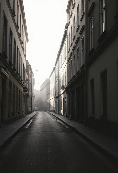 An empty European street at dawn, bathed in pale, muted tones, where the shadows seem stretched and elongated, evoking both mystery and nostalgia.
poetic surreal photography, high-contrast black-and-white tones, dreamlike minimalism, emotional street photography, soft muted colors or grayscale, fleeting intimate moments, abstract realism, deep shadows and atmospheric lighting, conceptual storytelling