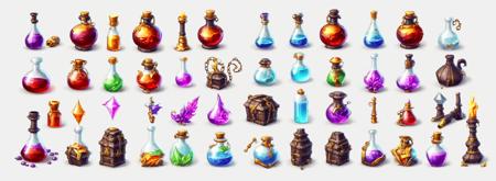 a set of different potions and bottles, alchemist bottles, magic potions, game asset occult, rpg game item, magical items, magical potions, potions, alchemical objects on the side, alchemy concept, rpg game inventory item, game icon asset, stylized game art, game icon stylized, game asset, alchemical equipment, potion, game assets,  icon white background game art