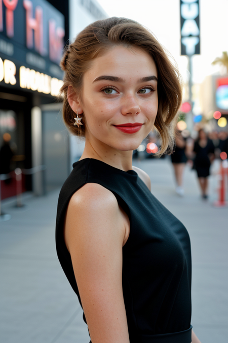 photo of beautiful SashaPorfirova, hair upsweep updo, as a (movie star at a movie premiere, premiere gala, outdoors, Los Angeles, Hollywood, outside a movie theatre:1.3), (looking at viewer:1.2), natural skin texture, smile, perfect makeup, upper body focus, formal event, modelshoot, pose, (elegant shimmery silk black dress), 24mm, 4k textures, soft cinematic light, adobe lightroom, photolab, hdr, intricate, elegant, highly detailed, sharp focus, (cinematic look:1.3), soothing tones, insane details, intricate details, hyperdetailed, low contrast, soft cinematic light, exposure blend, hdr, faded, (paparazzi in background), (red lipstick:1.1)