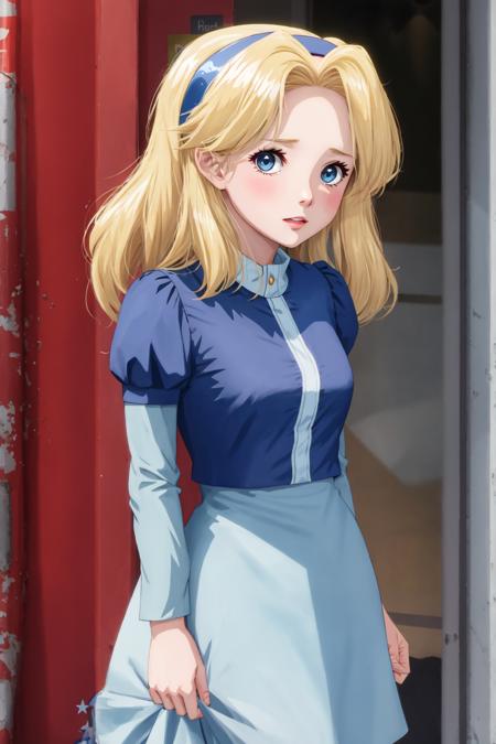 mariarobotnik, long hair, blonde hair, blue hair, hairband, blue dress, puffy sleeves, embarrassed, looking at viewer, city <lora:maria_robotnik-v2:1>