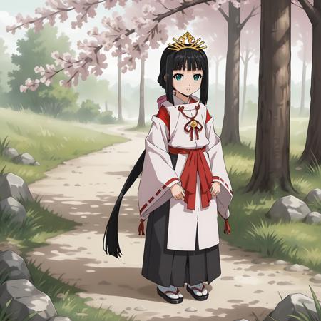 Shizuku,1girl,black hair,low ponytail,hair ribbon,green eyes, very long hair, tiara, miko, hakama,tabi,