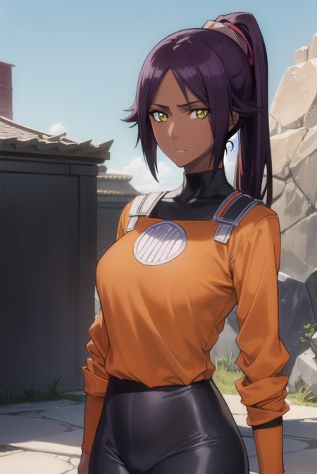 yoruichishihouin, <lyco:yoruichishihouin-lyco-nochekaiser:1>,
yoruichi shihouin, long hair, (yellow eyes:1.5), ponytail, purple hair, dark skin, (dark-skinned female:1.5),
BREAK bodysuit, black bodysuit, bodysuit under clothes, (orange shirt:1.5), long sleeves,
BREAK outdoors,
BREAK looking at viewer, (cowboy shot:1.5),
BREAK <lyco:GoodHands-beta2:1>, (masterpiece:1.2), best quality, high resolution, unity 8k wallpaper, (illustration:0.8), (beautiful detailed eyes:1.6), extremely detailed face, perfect lighting, extremely detailed CG, (perfect hands, perfect anatomy),