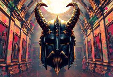 A breathtaking splash ink illustration in a fantasy style depicting a majestic medieval knight's helmet. Centrally positioned, the helmet is made of dark metal, crowned by two massive, curved horns reaching towards an unseen sky. The human-like faceplate, complete with a detailed mustache and goatee, is rendered with expressive brush strokes, suggesting ancient power. Opulent gold accents adorn the metalwork, shimmering with a radiant, multi-colored glow. The background is a stylized, almost dreamlike museum space, rendered with vibrant, multi-colored splash ink textures that draw attention to the helmet. Sharp lines and energetic brush strokes define the forms. The overall mood is one of awe and ancient mystique. Exceptional Quality, High-res, 4K, More Detail, Lifelike Details, Super Detailed Face and Eyes, Handcrafted with Precision, High Quality, Sharp Lines and Brush Strokes, Stunning Colors, Harmonious Colors, Multi Colored, Contemporary Aesthetics, Beautiful Matte Painting, Impeccable Composition, Creative Angle, Attractive Background, Balanced Editing, Intentional Focus, Well-timed Moment, Isometric, Dynamic Action Pose (implied display), Captivating Lighting, Grammer Effect Style, Splash Ink Illustration, CGSociety, Artstation Trending on ArtstationHQ, Golden Ratio, Vivid Emotions, Joyful Impact, Powerful Message, Beautiful Detailed Eyes.