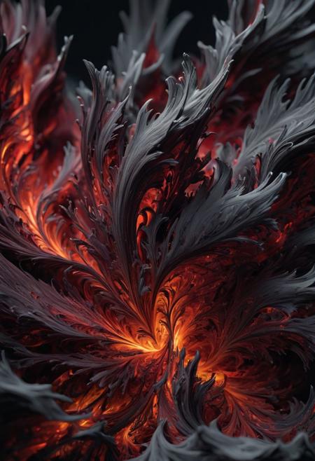 microscopic sculpture, petrified fluid, depth of field, raw sharp macro photo closeup of 3d fractal flame, darkness, atmospheric, moody, intricate detail, intense deep red color, high contrast, dimly lit from the side, dark gray background