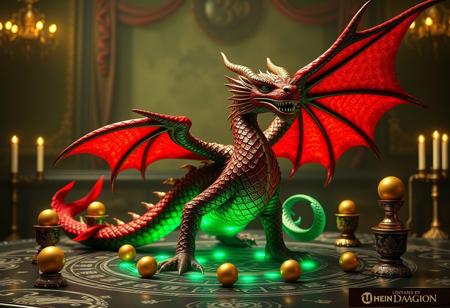 Create a highly detailed, 8K, cinematic image of a scarlet emerald dragon on a table, inspired by Ken Sugimori and Edward P. Beard's Dungeons and Dragon style, with golden orbs and a criminal mugshot aesthetic, as if taken from an Ebay listing thumbnail. The dragon should be standing triumphantly and proudly in a Dark Dragon Ritual summoning circle, with a 1:1:1:1 ratio, golden ratio, and hyper-realistic details reminiscent of Alphonse Mucha's and Artgerm's art styles. Incorporate luxurious, ornate, and dramatic elements with top lighting, HDR, and an Unreal Engine 5 render.