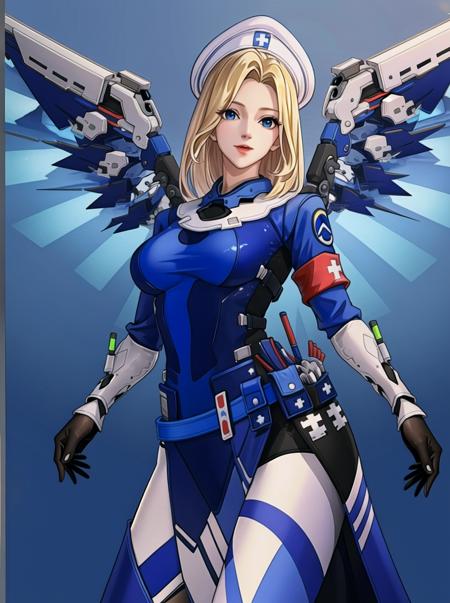 CombatMedic,mature female,  1girl,full body, blonde hair, official alternate costume,blue mechanical wings blue eyes, armband,looking at viewer, multicolored clothes, alternate hairstyle, gloves, white headwear, multicolored legwear, belt pouch,(masterpiece:1.4),(best quality:1.4), medium breasts,  cowboy shot,   <lora:Medic_v2.1-000008:1>,  intricate background,