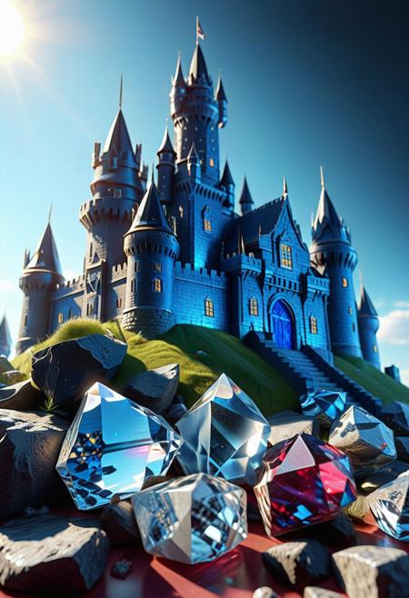 Ultrarealistic. sharp focus, dynamic lighting. play of light, reflection, refraction, Raytracing, Ultra detailed. crystalized. A blue castle made of rp_slgd.
