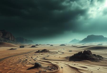 apocalyptic landscape, top hard light, sand environment, mystic, highly detailed, melancholic, masterful photography, ultra detailed