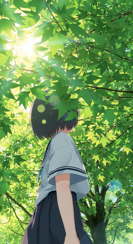 girl, solo,close up, short hair,skirt, school uniform, black hair,upper body,
Sunlight filters gently through the dense canopy of leaves, casting dappled patterns of light and shadow on the ground below. A gentle breeze stirs the tree branches, causing the leaves to sway slightly, making the sunlight dance like rippling water. The leaves display a rich gradient of green, from deep emerald to bright, translucent hues, illuminated by the golden rays.