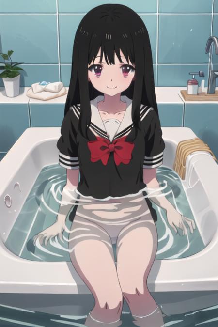 best quality, masterpiece, highres, solo, {aya_asagiri_mahoushoujosite:1.15}, long_hair, black_hair, serafuku, bangs, purple_eyes, anime_coloring, red_eyes, 1girl, bathing, bathtub, blush, nude, collarbone, bath, looking_at_viewer, smile, tile_wall, tiles