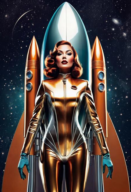 Metallic shades. A quantum vintage sexy Futurist body of an Astrological sexy Space rocket air hostess poster. Sci-Fi world from dream dimension dripping, by Victor-Jesus Escobedo.