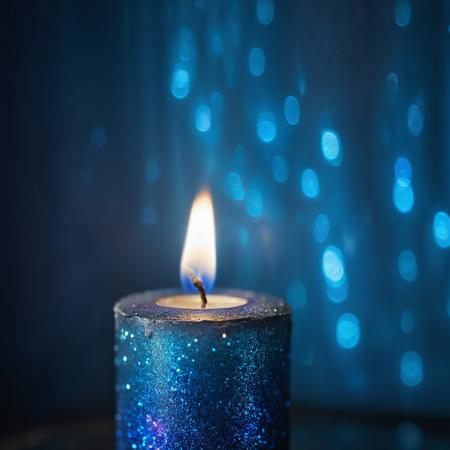 a blue iridescent image of a Candlelight, in the style of dark romantic, close-up shots, glitter, bokeh, distressed edges, high-key lighting, clean and minimalist, studio photography, 85mm
