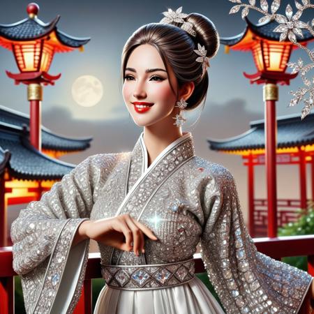 diamondMW, countless diamonds, score_10 , score_9_up, score_8_up, score_7_up , score_6_up, vibrant colors, shiny_skin , prefect lighting, detailed image, snoozing , masterpiece , best quality , highly detailed , ultra quality , 1girl, asian, black hair, brown eyes, chinese clothes made of diamonds, clothes, smiling, dress made of diamonds, earrings, diamonds patterns, highly detailed, photorealistic, fence, print, flower, hair bun, diamonds hair ornament, hair stick, hand up, jewelry, leaf, light skin, light smile, lipstick, long hair, long sleeves, looking at viewer, makeup, diamond moon, night, outdoors, parted bangs, plant, railing, red lips, single hair bun, sky, sleeves past wrists, slim, solo, standing, updo, upper body, white and red hanfu, white flower, wide sleeves,