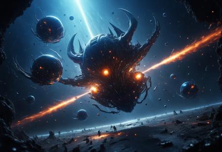 A highly detailed, ultra-realistic, In the vast, dark expanse of space, an epic battle unfolds against the backdrop of a massive alien planet. The planet itself is breathtaking—its oceans shimmer in a deep, sapphire-blue hue, reminiscent of liquid Gatorade, crystal clear and vibrant. The landmasses are covered in lush, alien vegetation, but unlike Earth's green forests, this world’s flora glows in warm tones of orange and brown, creating a stunning contrast against the brilliant blue waters. Wispy clouds swirl across the atmosphere, partially obscuring the surface in soft shadows. Dominating the foreground are colossal metallic spheres—monolithic, gleaming battle stations floating in formation. These giant metal orbs, smooth and reflective, exude a powerful presence, releasing thousands of smaller metal spheres into the battlefield like a relentless swarm. Each of these smaller orbs, agile and efficient, zips through space in perfect synchronization, creating an overwhelming force.
Opposing them are sleek, black, glider-like spacecraft, reminiscent of Batman’s signature aerial vehicles. These alien warships are sharp, ominous, and built for speed, cutting through space like dark shadows. Their surface absorbs light, making them appear almost like voids against the cosmic backdrop. These craft belong to an insectoid species, an eerie hybrid of humanoid and arthropod features. Among the wreckage, alien bodies drift lifelessly—their forms ant-like from the waist down, but with humanoid torsos and praying mantis-like heads. Their exoskeletons glisten with a biomechanical sheen, a blend of organic and machine. The battlefield is alive with chaos. Rainbow-colored laser beams burst in every direction, fired from the spherical war machines, illuminating space with a dazzling light show. Each blast arcs through the void, striking the black glider ships, causing fiery explosions that ripple outward. Some of the insectoid fighters return fire with deep red energy beams, carving through the metallic swarm with deadly precision.
The battle is an awe-inspiring spectacle of light, shadow, and destruction, with debris from shattered ships scattering in all directions. The bodies of fallen insectoid warriors float eerily through space, their lifeless forms caught in the silent, weightless abyss. Energy blasts refract off their armored exoskeletons as the carnage continues, an endless struggle for dominance in the cold, infinite darkness. realism, cinematic, best quality, realistic, shallow depth of field, high-resolution image, extremely detailed body, shallow depth of field,
