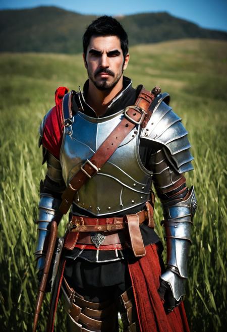 bdo_warrior, short black hair, facial hair, thick eyebrows, red eyes, photograph, portrait, front view,  Trailblazer outfit, brown armor, belt over chest, sunny day, field of grass