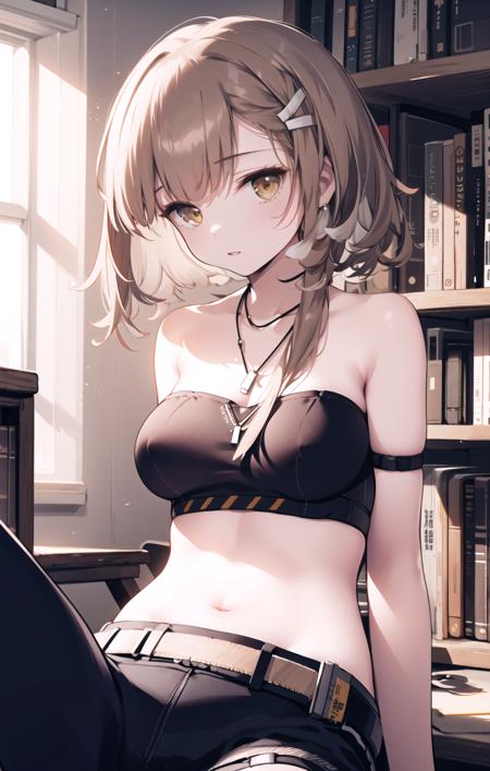 1girl, solo, petite, firewhistle_(arknights), brown_hair, yellow_eyes, light_smile, blush, large_breasts, short_hair, short_hair_with_long_locks, feather_hair, necklace, (black_bandeau), (arm_support), ((bare_arms)), black_tube_top, collarbone, stomach, black_pants, (asymmetrical_pants), (asymmetrical_clothes), (single_pantsleg:1.2), hairclips, bare_shoulders, thigh_strap, arm_strap, id_card, knee_strap, indoors, (sitting_on_desk), library, bookshelf, belt, window_shade, sunshine, tyndall_effect, ((masterpiece)), (highres), (best_quality), (highly_detailed),  (original),(Delicate background),(extremely detailed 8K wallpaper),cinematic lighting, volume lighting, light particles, shaded_face, beautiful_detailed_eyes, depth_of_field, perspective,<lora:FirewhistlePruned:0.8:lbw=char> ,<lora:ç¥ç§lora K:0.6>,tight_pants