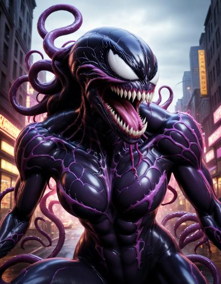 Hyperrealistic art <lora:She-Venom-FFusion.LORA:1> venom is a purple character with a large mouth, venom symbiote, 8 k cg render, venom, carnage, symbiote, 8k render, hyperreal highly detailed 8 k, 8 k high detail concept art, huge big breasts, hyper real render, 3 d render character art 8 k, 8k octane render, 8 k octane render, high detail 8 k render . Extremely high-resolution details, photographic, realism pushed to extreme, fine texture, incredibly lifelike