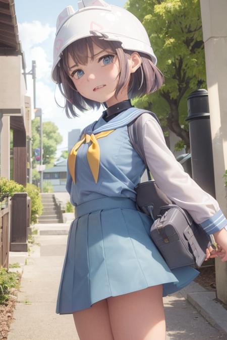 1girl, sorai_saki, halo, helmet, short hair, school uniform, sailor collar, serefuku, yellow neckerchief, blue skirt, school <lora:sorai_saki:0.7>