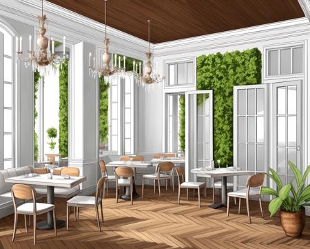 shouhui,interior illustrations,freehand sketching,Watercolor smudge,restaurant,Wall molding line,show window,plant,wood floor,ray of light,crystal chandelier,window wall,dining chair,dining table,Table plant,distinct,8k