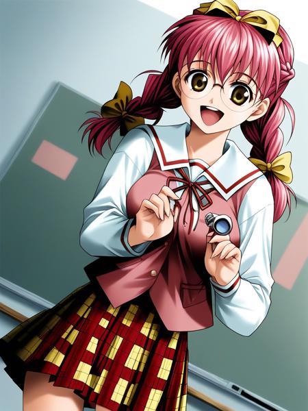 AkagawaRika, glasses, pink hair, medium breasts, brown eyes, twin braids, hair bow, long hair, Yellow bow,