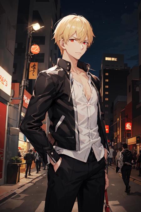 GilgameshCasual, solo, looking at viewer, short hair, blonde hair, shirt, red eyes, long sleeves, 1boy, closed mouth, standing, collarbone, jacket, white shirt, male focus, cowboy shot, open clothes, pants, open jacket, black jacket, black pants, backlit, backlighting, city, street, night, japanese city
<lora:Gilgamesh:0.8>