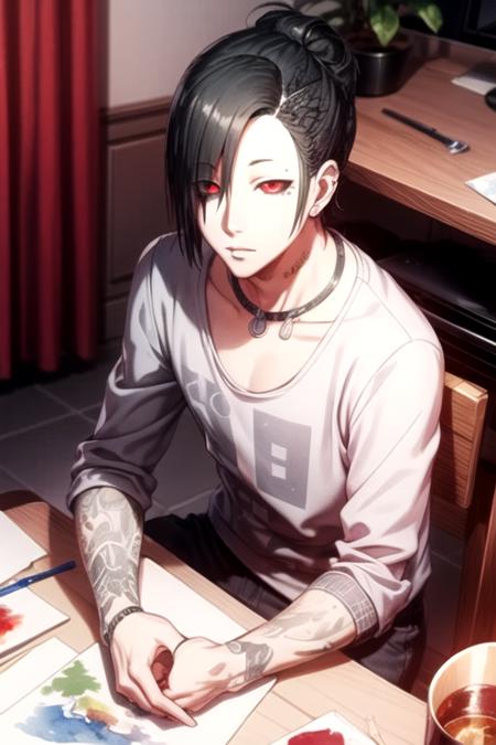 uta_tokyo_ghoul black hair red eyes black sclera ponytail