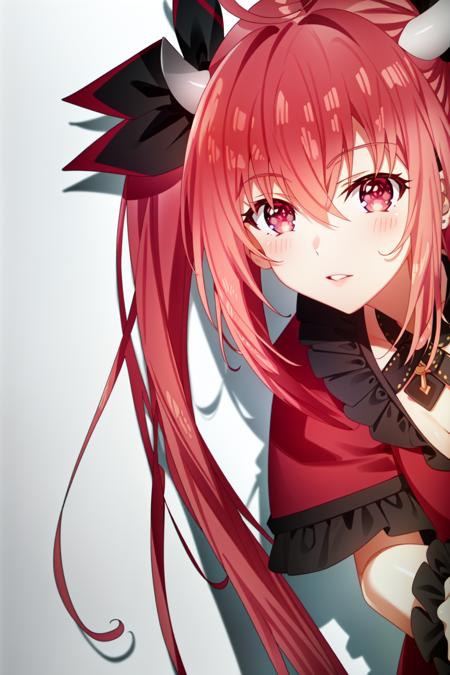 (extremely detailed CG unity 4k wallpaper),(masterpiece),(best quality),(ultra-detailed),(best illustration),(best shadow),(absurdres),(detailed background) <lora:OGT_Kotori_Itsuka-v2:1> Kotori Itsuka, 1girl, red hair, long hair, red eyes, solo, horns, ahoge, very long hair, ribbon, small breasts, hair ornament