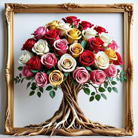 lazympos, character focus, depth of field, PG-TR,
portrait of a bouquet of multicolored roses made out of roots, (red, pink and white roses), golden frame made out of roots