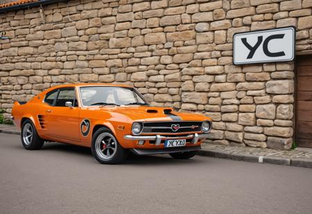 Pokémon style Car theme <lora:ADM C-Car :1>,A.D.M. Cooper,car,classic cars,muscle cars,photography,cinematic,a orange sports car parked in front of a building with a sign on it's side that says y c c,stone wall . ,(car, ground vehicle, motor vehicle, vehicle focus:1.1),Arnold Brügger, . Vibrant, cute, anime, fantasy, reminiscent of Pokémon series