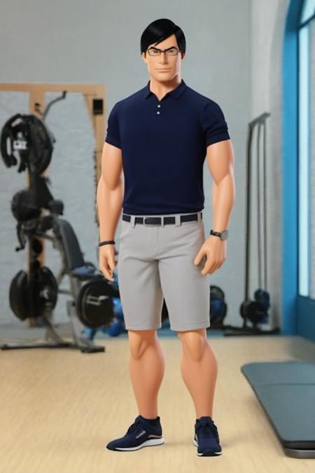 Realistic human like image of full body tenxiida character,  serious male,  black hair,  wearing glasses,  in casual clothing,  background of gym, <lora:EMS-57832-EMS:1.000000>