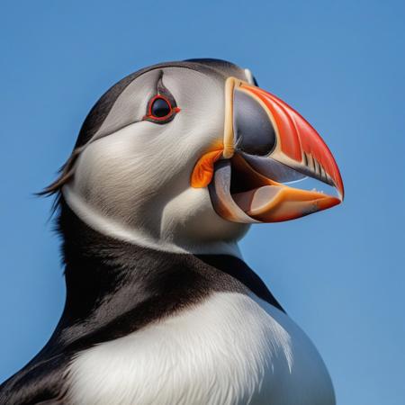 close-up Atlantic puffin with fish in the beak, blue sky background, photography very realist