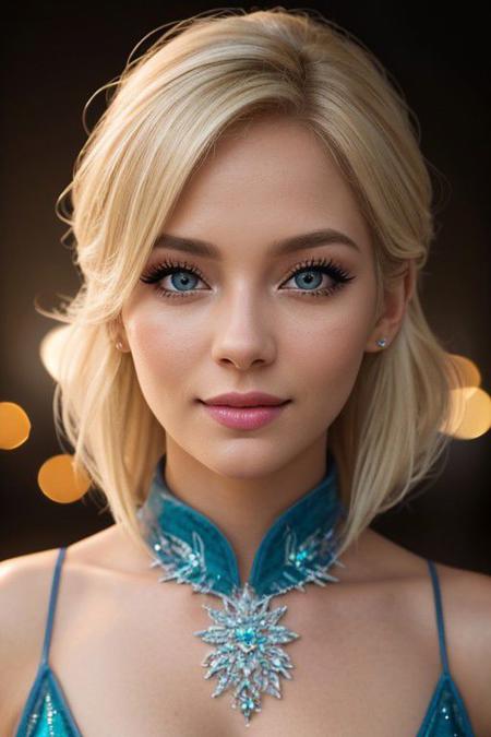 Elsa, beautiful detailed eyes, (medium length hair:1. 3), (eyelashes:1. 2), best quality, 16K, (HDR:1.4), high contrast, bokeh:1.2, cinematic lighting, sidelighting, Exquisite details and textures, cinematic shot, (Bright and intense:1.2), ultra realistic illustration, a view from above, blonde hair, (a charming smile:0.8),