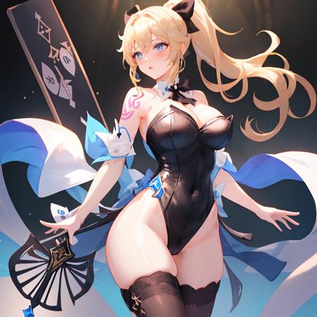 1girl, masterpiece, volumetric lighting, (extremely detailed CG:1.3), illustration, 
(genshin impact, jean (genshin impact), alternate costume, arm ribbon, bangs, black bow, black leotard, black ribbon, black thighhighs, blonde hair, blue eyes, blush, bow, hair bow, hetero, highleg leotard, large breasts, leg ribbon, leotard, long hair, pasties, ponytail, queen of spades symbol, ribbon, single thighhigh, strapless, strapless leotard, tattoo, thighhighs, thighs, (mature face:1.2), <lyco:GoodHands-beta2:1.0>, good hands, perfect hands,