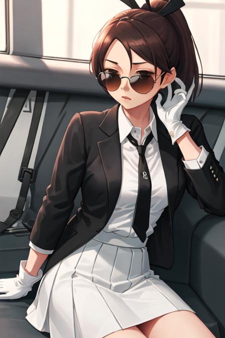 best quality, masterpiece, highres, solo, {black business suit:1.40}, {tie:1.20}, {sunglasses:1.25}, {white gloves:1.15}, {white shirt:1.10}, {black skirt:1.15}, {smoking:1.20}, handsome, {shikinami_kantaicollection:1.15}, brown_hair, ponytail, brown_eyes, short_hair, hair_ribbon, ribbon, serafuku, blush