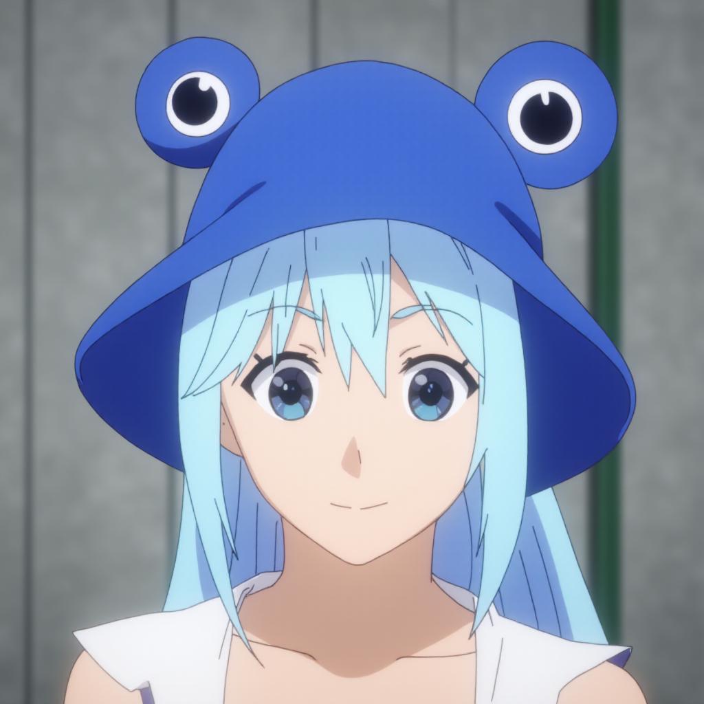 Aqua wearing a blue froggy hat <lora:Froggy_Hat:1>  <lora:Aqua_LoRA_Konosuba:1>