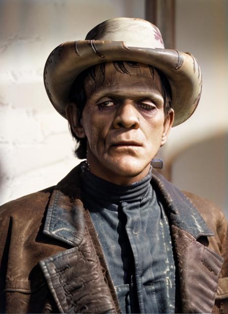 f1 (close-up, editorial photograph of a man, masculine, male), (highly detailed face:1.4) background white wall:1.3) (wearing Cowboy Hat, Leather Duster Coat, Denim Shirt, Bolo Tie, Cowboy Boots:1.2) <lora:epiNoiseoffset_v2:1.2>, POV, by lee jeffries, nikon d850, film stock photograph ,4 kodak portra 400 ,camera f1.6 lens ,rich colors ,hyper realistic ,lifelike texture, dramatic lighting , cinestill 800,  <lora:Frankenstein:1>