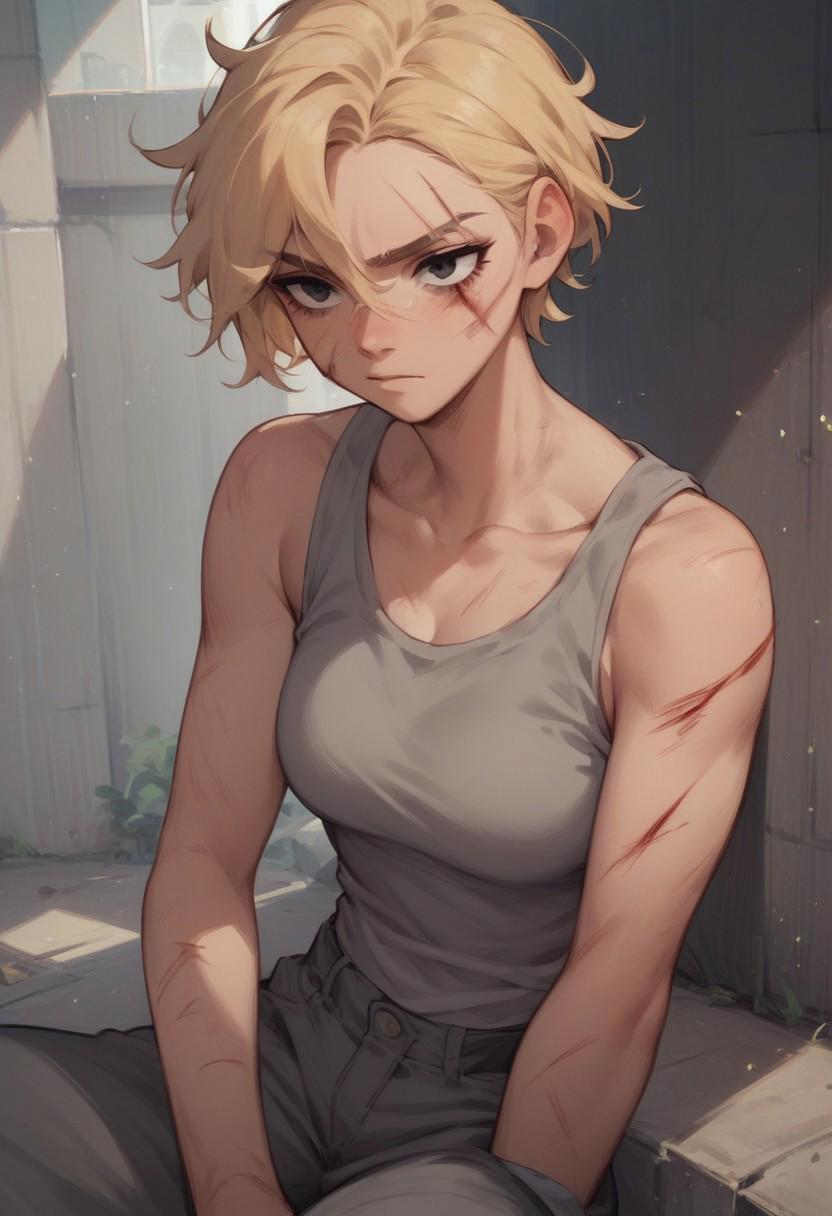 Score_up_9, score_up_8, score_up_7, 1girl, burn scars, facial scar, blonde hair, black eyes, gray tank top, gray pants