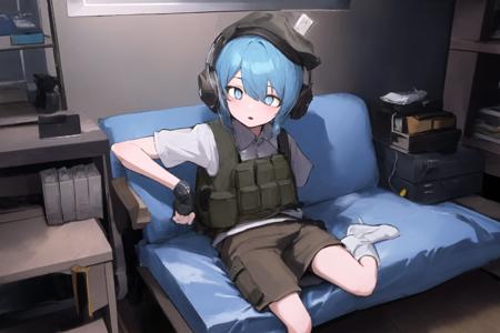 1boy,solo,
<lora:CRN_V10:0.85> CRN,(blue eyes,round eyes,white pupils:1.2),light blue hair,green FLC Vest,Utilty Pouch,white shirt,brown short pants,earmuffs,(brown Tactical Cap:1.1),shorts,