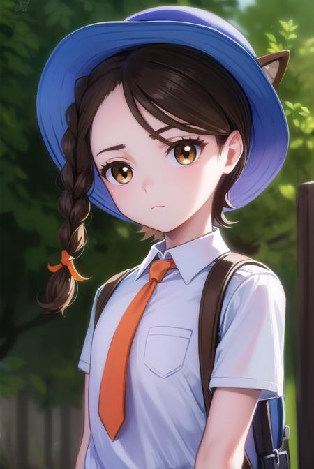 pokemonjuliana, <lora:pokemonjuliana-lora-nochekaiser:1>,
pokemonjuliana, braid, (brown eyes:1.5), brown hair, hair ornament, hairclip, side braid, single braid, swept bangs,
BREAK backpack, bag, black footwear, blue headwear, blue shirt, breast pocket, collared shirt, hat, kneehighs, naranja academy school uniform, necktie, orange necktie, orange shorts, pocket, school uniform, shirt, shoes, short sleeves, shorts, socks, striped, striped shorts, sun hat, white socks
BREAK looking at viewer, full body, (cowboy shot:1.5),
BREAK outdoors,,
BREAK <lyco:GoodHands-beta2:1>, (masterpiece:1.2), best quality, high resolution, unity 8k wallpaper, (illustration:0.8), (beautiful detailed eyes:1.6), extremely detailed face, perfect lighting, extremely detailed CG, (perfect hands, perfect anatomy),