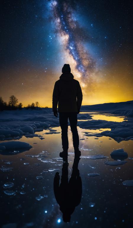 Milky Way. Night sky with stars and silhouette of a standing happy man with yellow light. Space background, (sharp focus:1.2), extremely detailed, (photorealistic:1.4), (RAW image, 8k high resolution:1.2), RAW candid cinema, 16mm, color graded Portra 400 film, ultra realistic, subsurface scattering, ray tracing, (volumetric lighting), extreme contrast, intricate details, reflections on ice, reflections on water, water pouring down