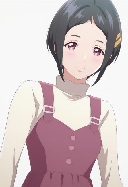 kamimachi aoi, black hair, pink eyes short hair, hairclip, dress, turtleneck, long sleeves low ponytail, bowtie, shirt, vest, black pants, blunt bangs hair over one eye, track suit